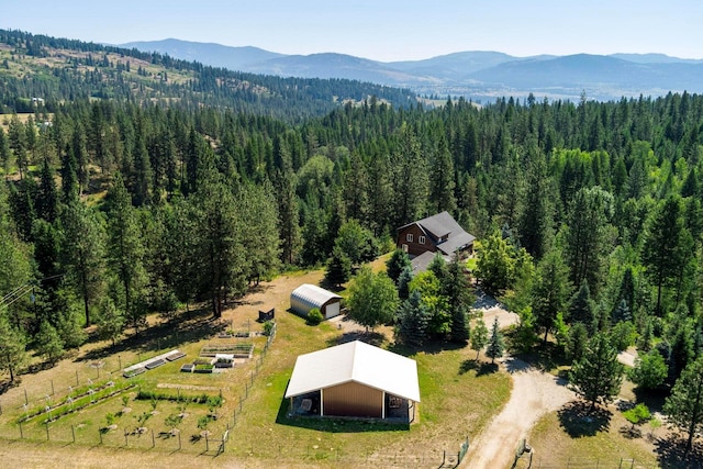 drone / aerial view featuring a mountain view and a view of trees