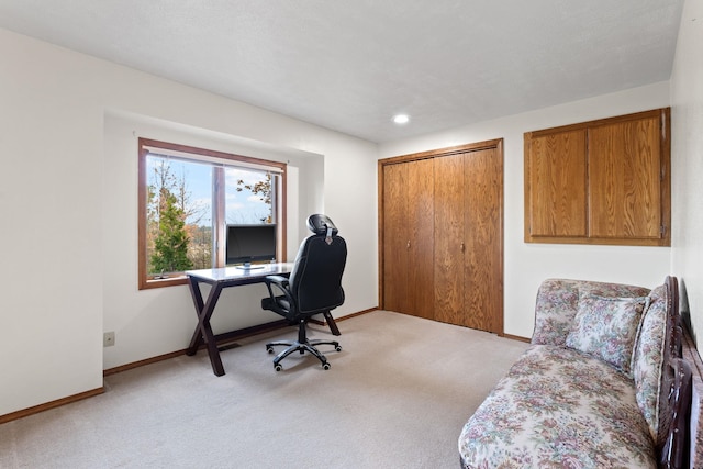 office featuring recessed lighting, light colored carpet, and baseboards