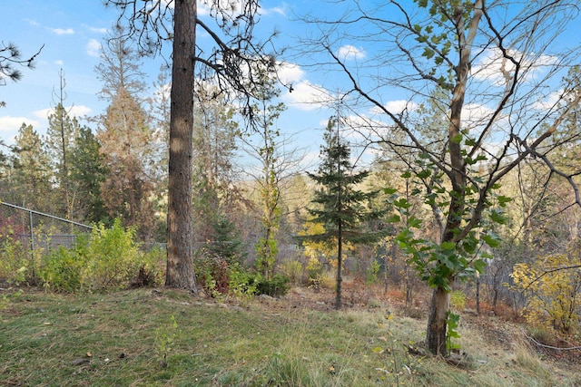 view of yard with a forest view and fence