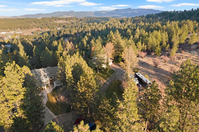 bird's eye view with a forest view and a mountain view