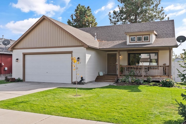 view of front of home featuring a garage, covered porch, a shingled roof, concrete driveway, and a front lawn