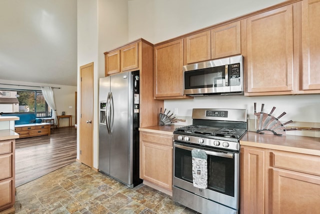 kitchen with a towering ceiling, stone finish flooring, appliances with stainless steel finishes, and light countertops