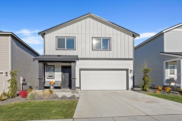 view of front of home with an attached garage, a porch, board and batten siding, and concrete driveway