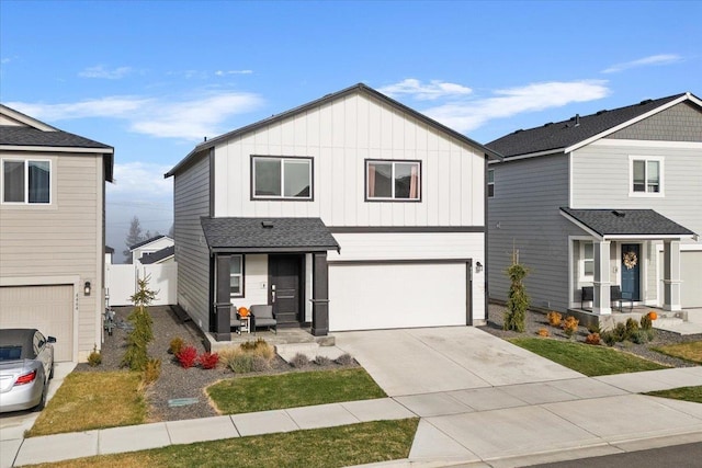 view of front of property with a porch, an attached garage, a shingled roof, concrete driveway, and board and batten siding