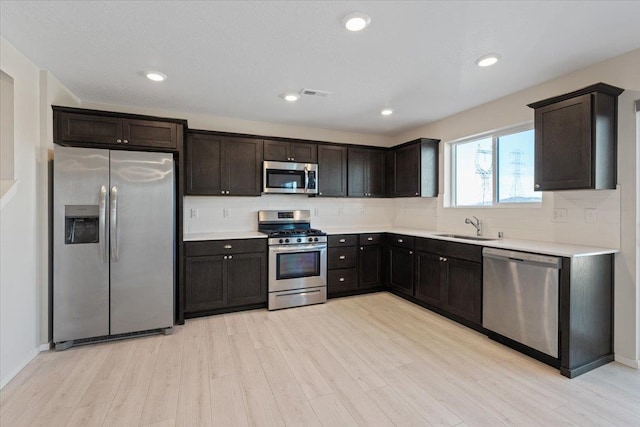 kitchen featuring stainless steel appliances, a sink, visible vents, decorative backsplash, and light wood finished floors