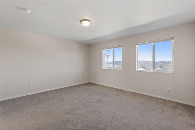 carpeted empty room with baseboards, visible vents, and a textured ceiling