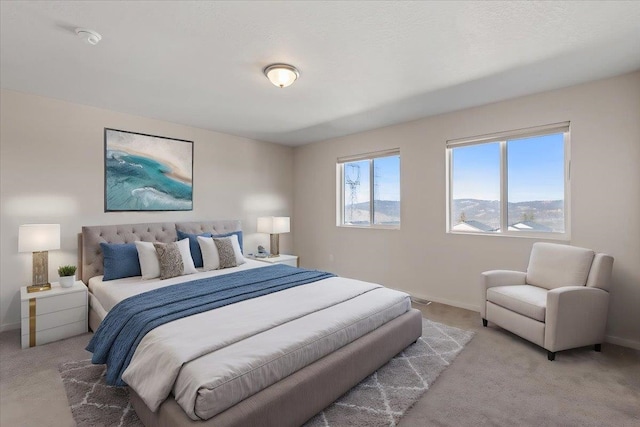 bedroom with light carpet and baseboards