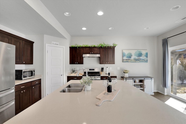 kitchen featuring stainless steel appliances, light countertops, a healthy amount of sunlight, a sink, and recessed lighting