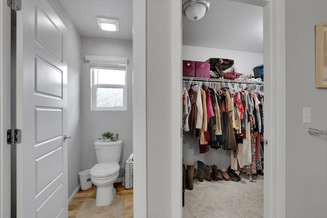 bathroom with a walk in closet and toilet