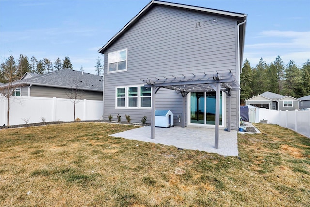 rear view of property featuring a pergola, a fenced backyard, a lawn, and a patio