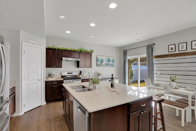 kitchen featuring stainless steel appliances, a sink, under cabinet range hood, and wood finished floors