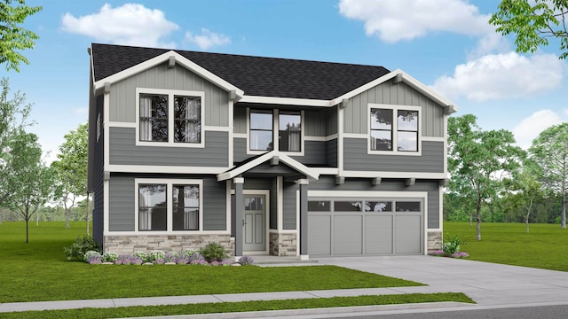 view of front facade featuring board and batten siding, concrete driveway, stone siding, and a front lawn