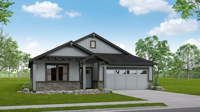 view of front facade with a garage, a shingled roof, stone siding, concrete driveway, and a front yard