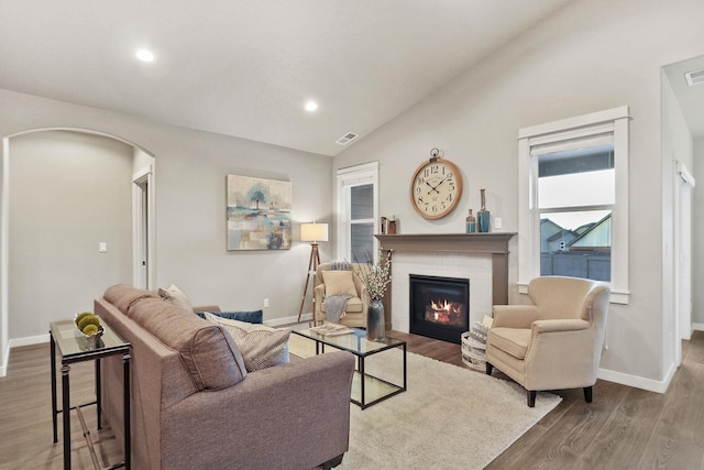 living area with arched walkways, wood finished floors, lofted ceiling, and baseboards