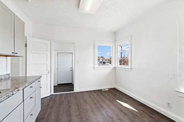 interior space featuring visible vents, a textured ceiling, baseboards, and dark wood-style flooring