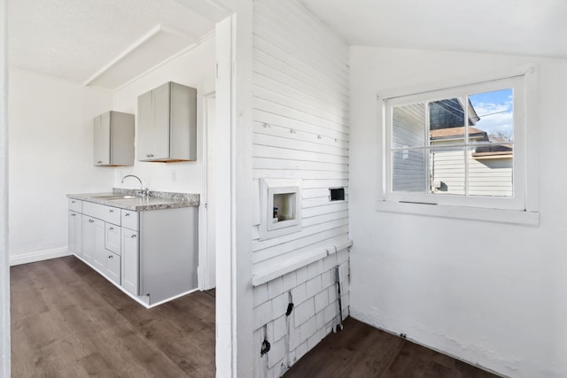 kitchen with lofted ceiling, dark wood finished floors, a sink, and light countertops