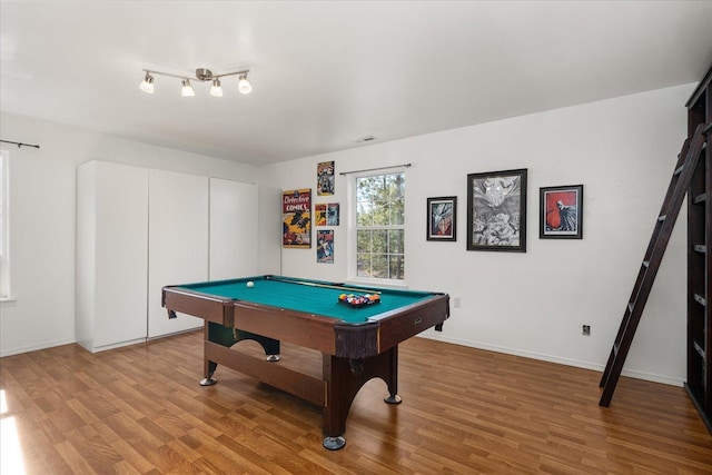 rec room featuring pool table, visible vents, baseboards, and wood finished floors