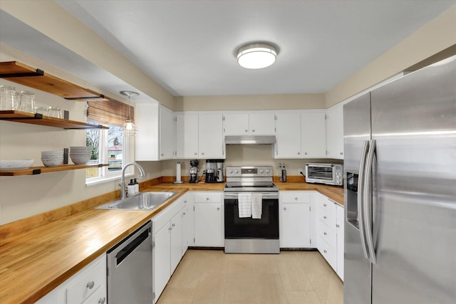 kitchen with a toaster, under cabinet range hood, a sink, white cabinets, and appliances with stainless steel finishes