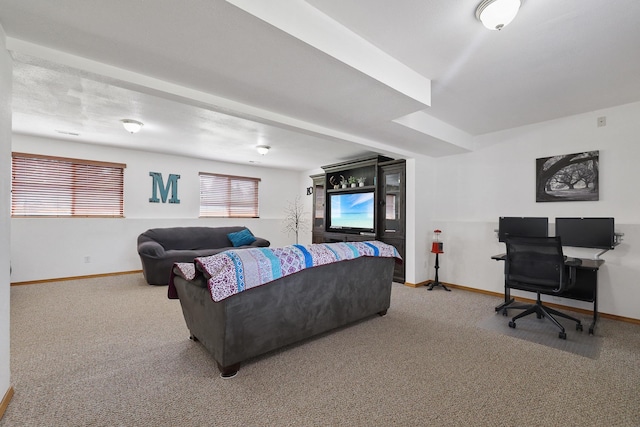 living room featuring carpet flooring and baseboards