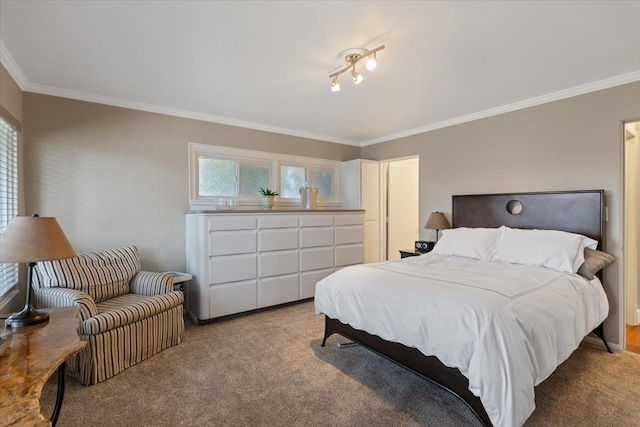 carpeted bedroom with crown molding