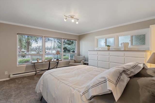 bedroom with a baseboard heating unit, carpet flooring, and ornamental molding