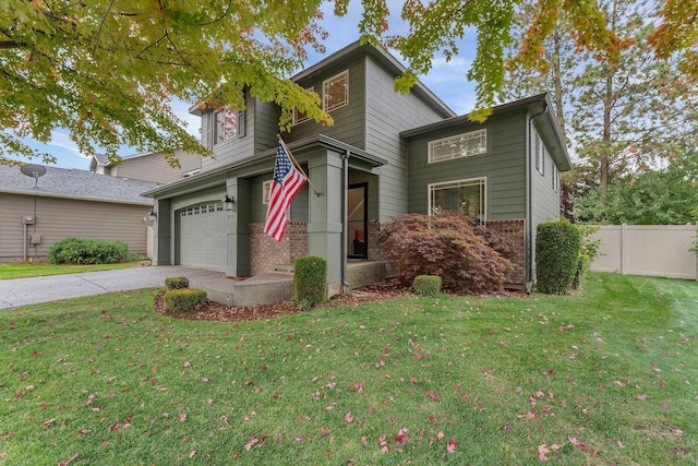 view of front of property featuring driveway, brick siding, a front lawn, and fence