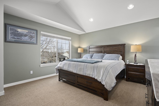 bedroom featuring carpet floors, recessed lighting, vaulted ceiling, and baseboards