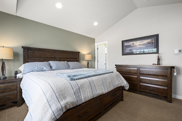 bedroom featuring lofted ceiling, carpet, and recessed lighting