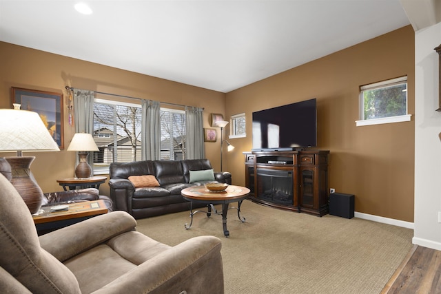 living area with a fireplace and baseboards