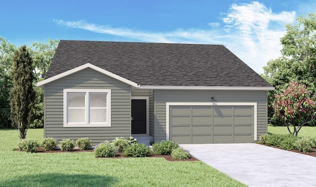 view of front of home featuring concrete driveway, roof with shingles, an attached garage, and a front yard