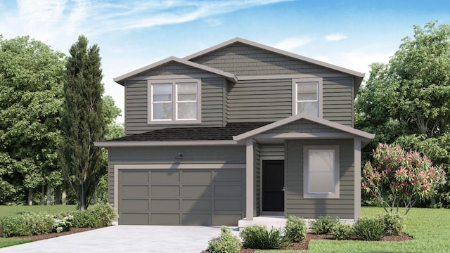 view of front of property featuring a garage, driveway, a front lawn, and a shingled roof