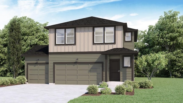 view of front of home with roof with shingles, a front lawn, concrete driveway, a garage, and board and batten siding