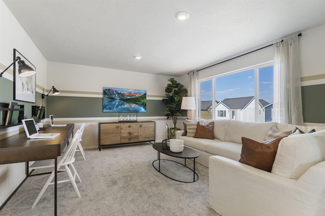 carpeted living area with a textured ceiling