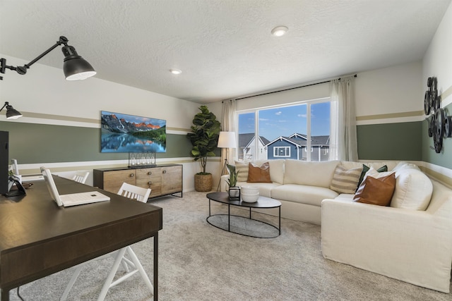 carpeted living area featuring a textured ceiling