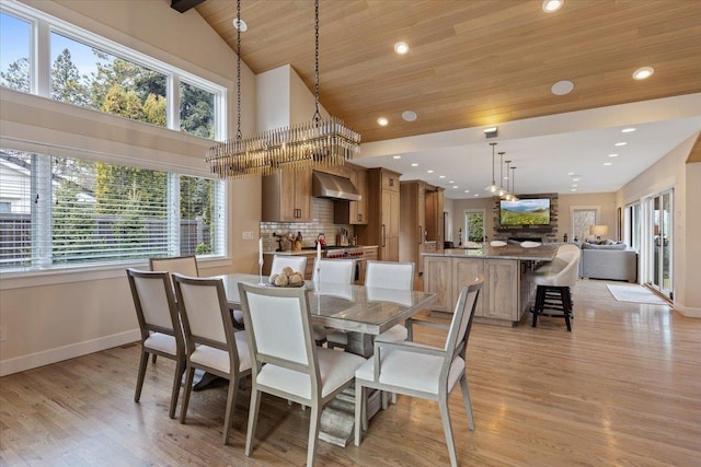 dining space featuring recessed lighting, wood ceiling, baseboards, and light wood finished floors