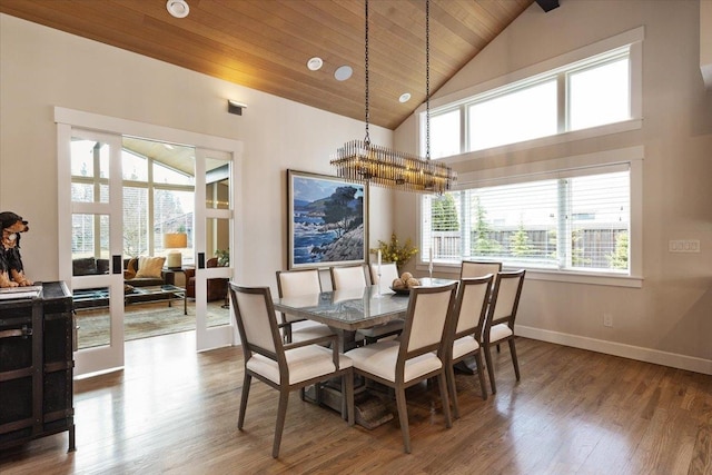 dining room with a notable chandelier, wood finished floors, visible vents, wood ceiling, and baseboards