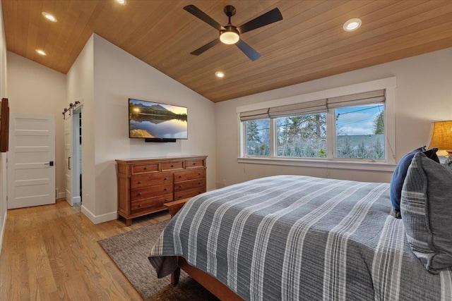 bedroom featuring light wood-style flooring, recessed lighting, wood ceiling, baseboards, and vaulted ceiling