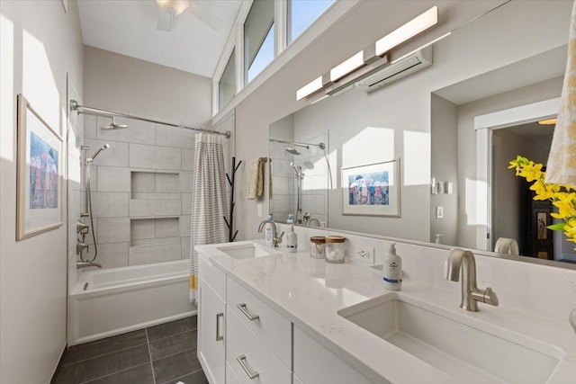 full bathroom with a wall unit AC, shower / tub combo, a sink, and tile patterned floors