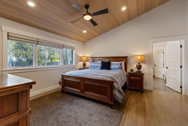 bedroom with lofted ceiling, wooden ceiling, recessed lighting, wood finished floors, and baseboards