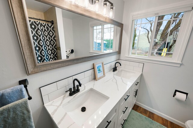 bathroom with double vanity, baseboards, a sink, and wood finished floors