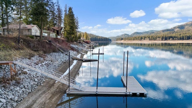 view of dock with a water and mountain view