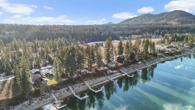 birds eye view of property with a water and mountain view and a wooded view