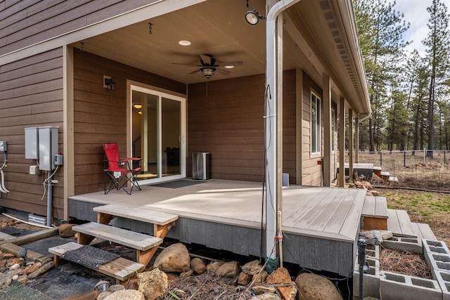 wooden terrace with ceiling fan and fence