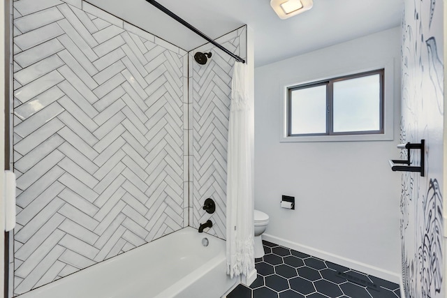 full bathroom with shower / bath combo, baseboards, toilet, and tile patterned floors