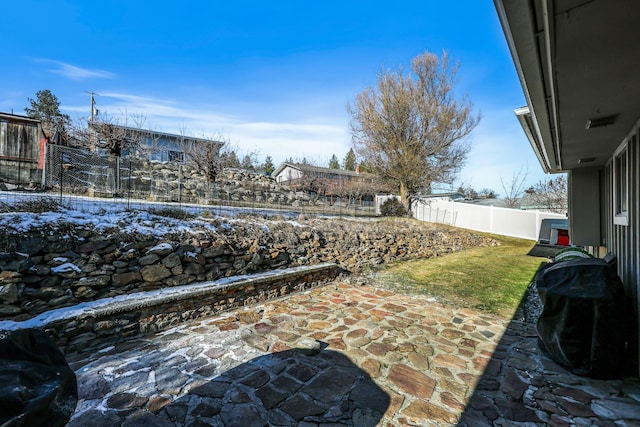 view of yard featuring a patio area and a fenced backyard