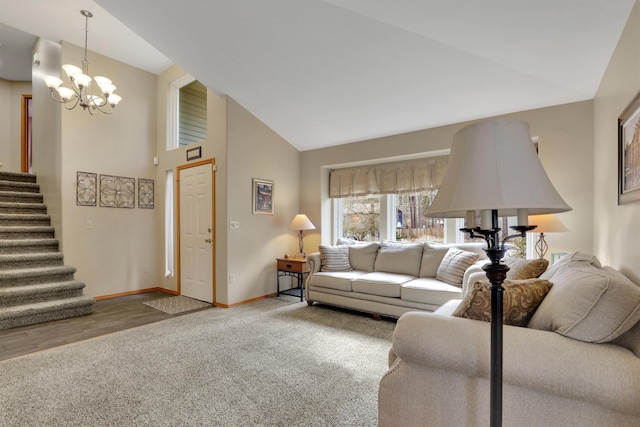 living room with baseboards, a chandelier, stairs, carpet floors, and high vaulted ceiling