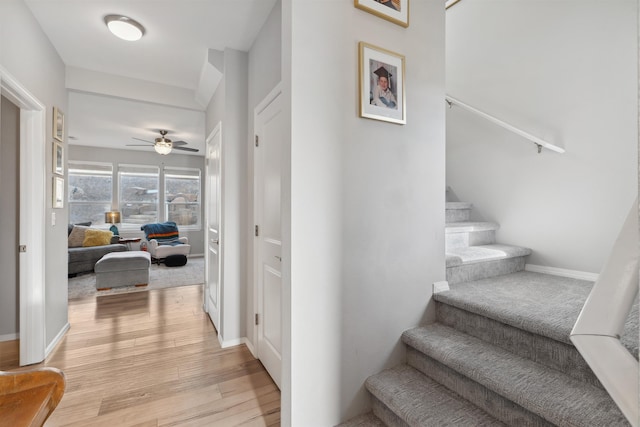 stairway featuring a ceiling fan, baseboards, and wood finished floors