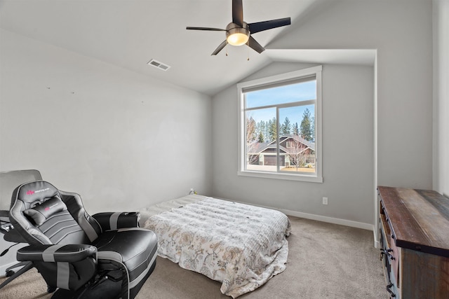 bedroom with lofted ceiling, visible vents, light carpet, ceiling fan, and baseboards