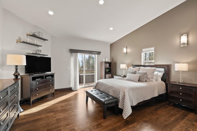 bedroom featuring recessed lighting, wood finished floors, baseboards, vaulted ceiling, and access to outside