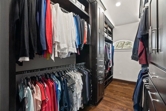 walk in closet with dark wood-style flooring